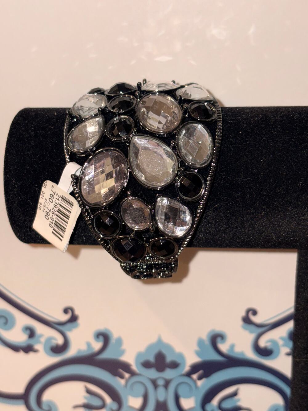 Gunmetal & Faceted Crystal Mosaic Wide Hinged Cuff Bracelet